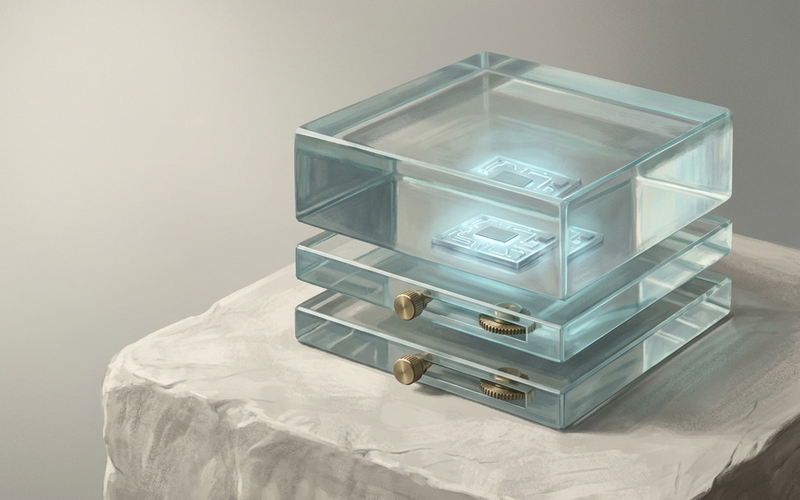 Three stacked glass slabs on a stone block, the thick top one sealed and the thinner lower two fitted with brass dials, a glowing circuit core inside.