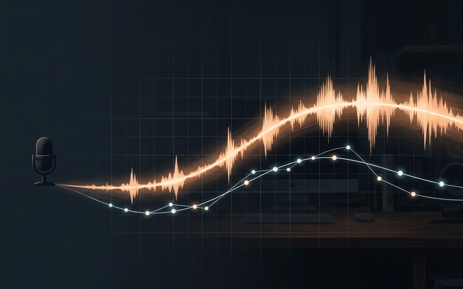 Glowing amber audio waveform flowing from a microphone, with a parallel thread of pale nodes beneath it on a dark grid.