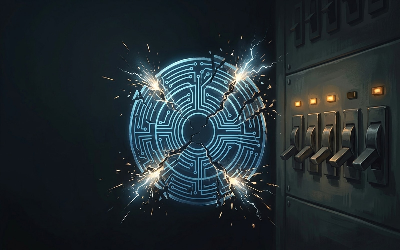 Abstract illustration of a glowing blue circuit-pattern seal cracking apart into sparks beside a dimmed industrial control panel with switches pulled back.