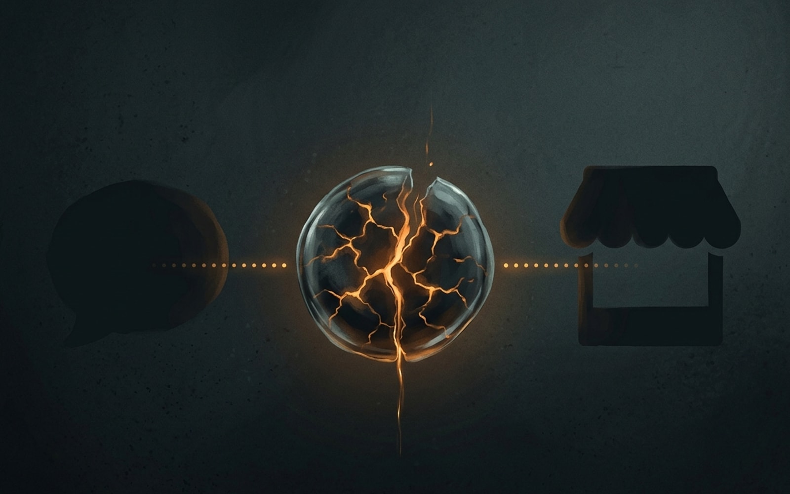 Illustration of a glowing cracked cookie linking a speech-bubble silhouette to a shopfront silhouette via a dotted light trail.