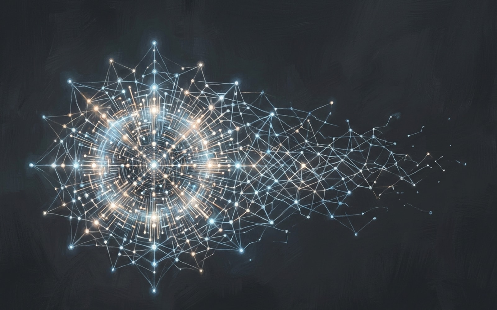 Abstract glowing network of interconnected nodes expanding from a dense core into an open lattice of light against a dark background.