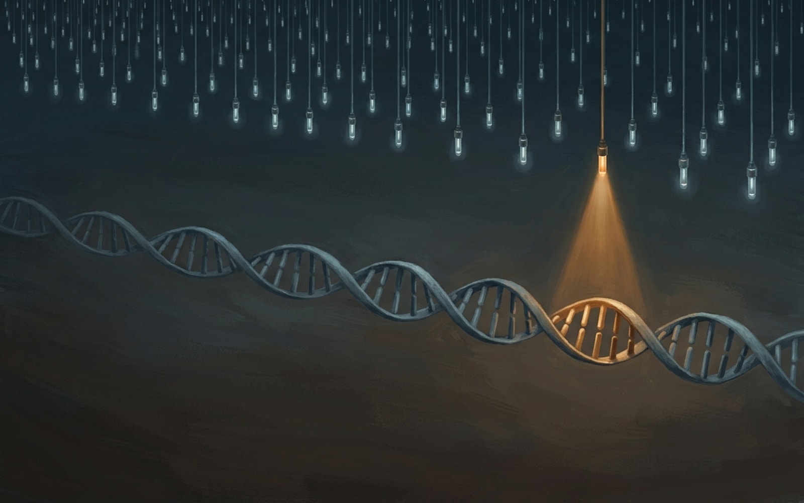 Rows of glowing probes hang above a DNA helix; one casts an amber beam that lights a single segment of the strand.