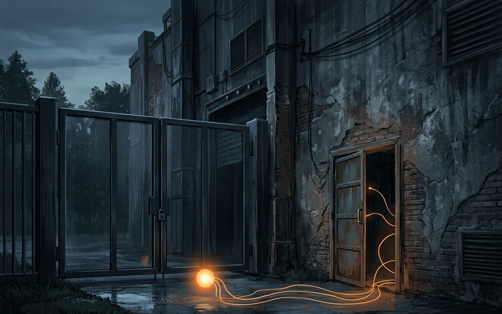 A glowing orange orb by a padlocked gate sends light tendrils through the open rusty side door of a weathered building.