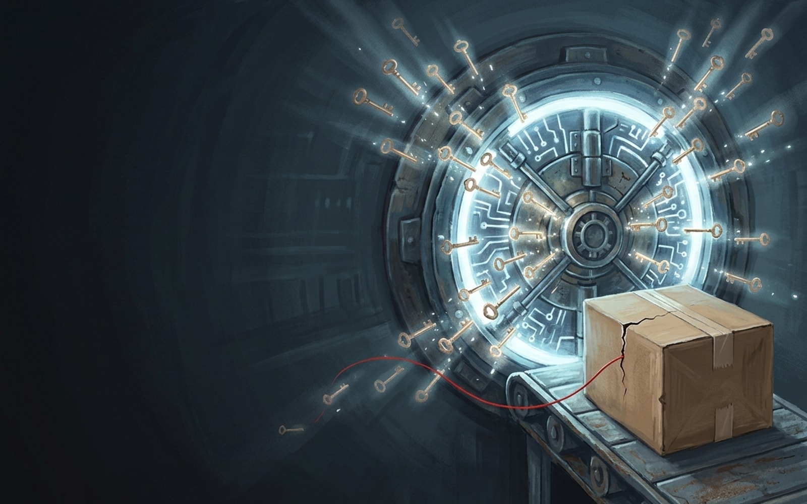 Glowing vault door drawing in many brass keys while a red thread leaks some away from a cracked box on a conveyor